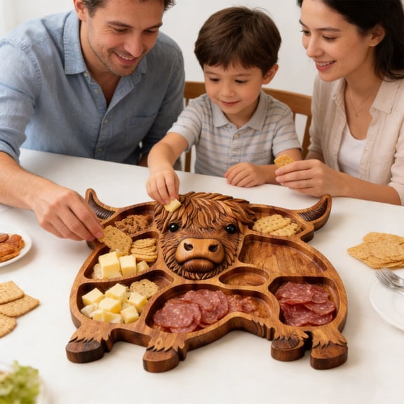 Ke1Clo Highland Cow Wooden Charcuterie Board, Rustic Serving Platter Shaped Cheese Meat Tray for Snacks, Farmhouse Kitchen Decor