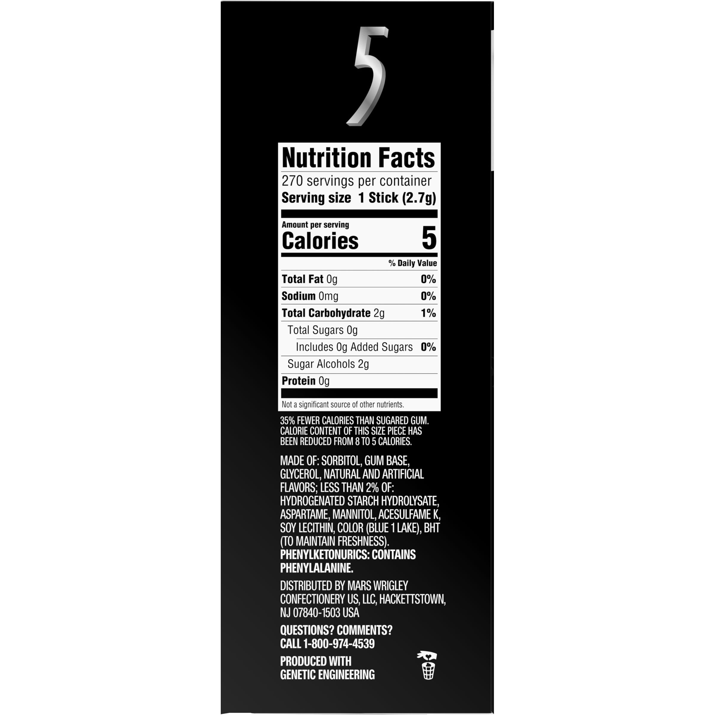 5 Gum Peppermint Cobalt Sugar-Free Mint Chewing Gum, 18 pk.