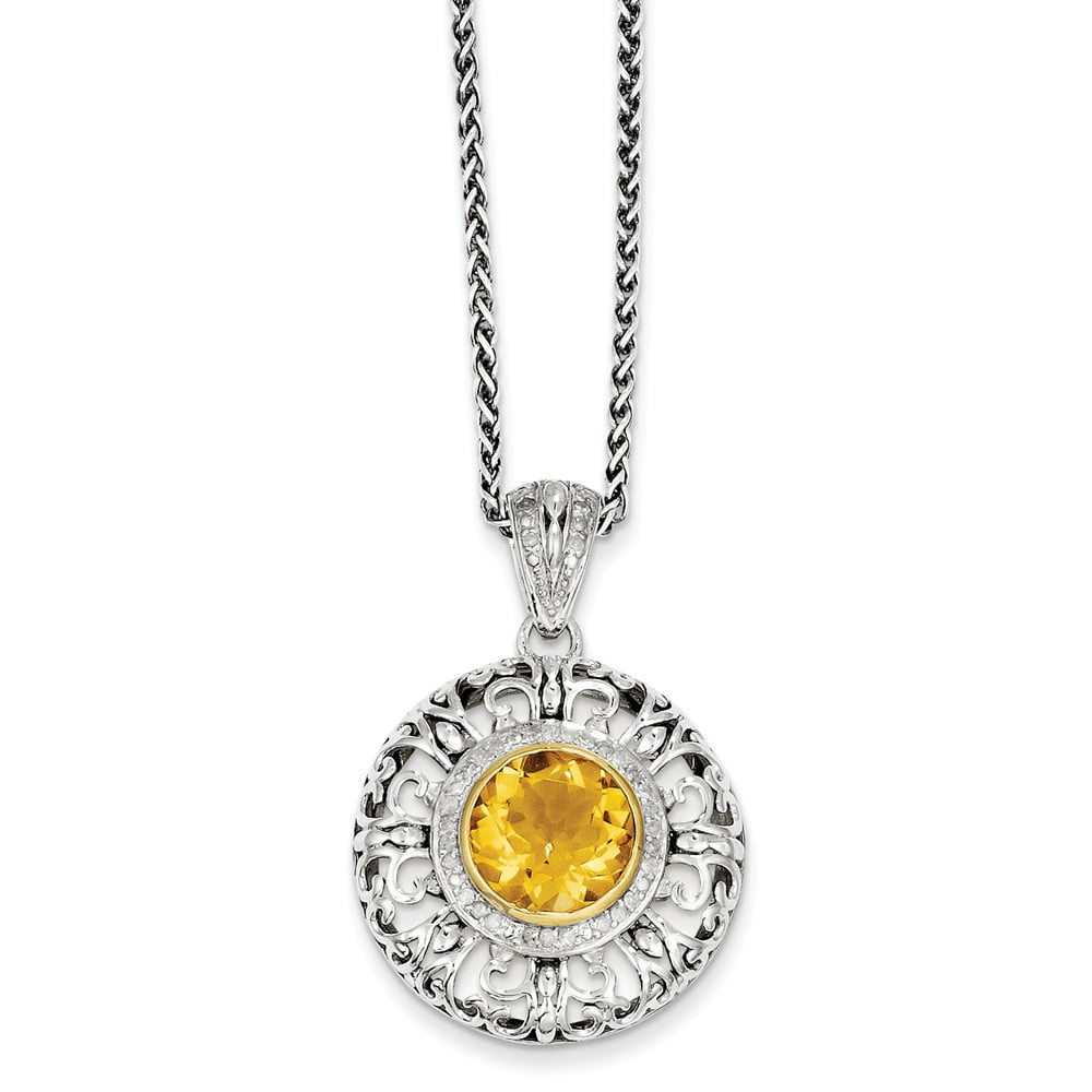 14K Gold and 925 Sterling Silver Two-Tone (0.15cttw) with Citrine and Diamond Necklace -18" (18in) by