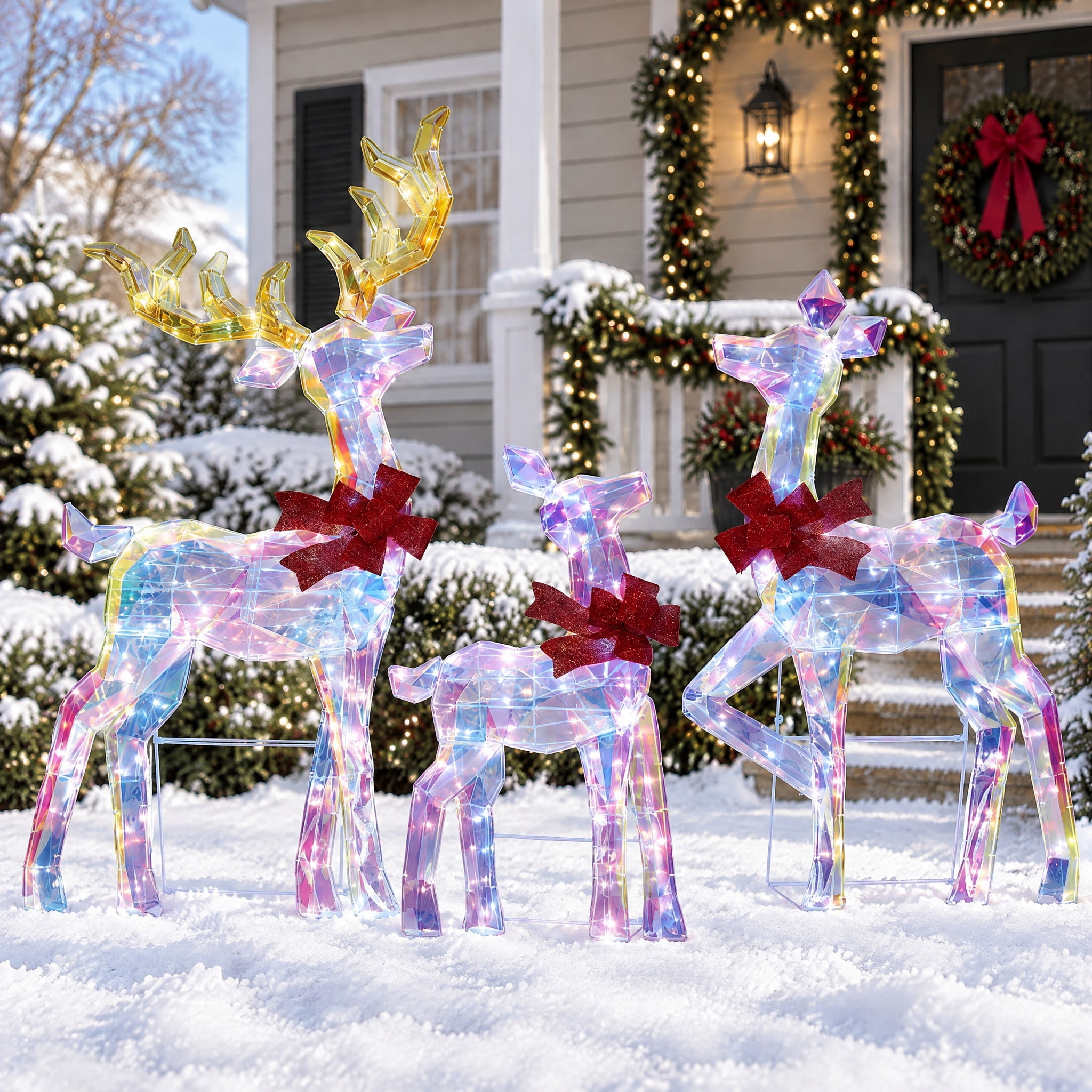 Indoor/Outdoor Light-Up Prismatic 2D Deer Family Christmas Decoration with 250 LED Lights, Cool White, Set of 3, by Holiday Time