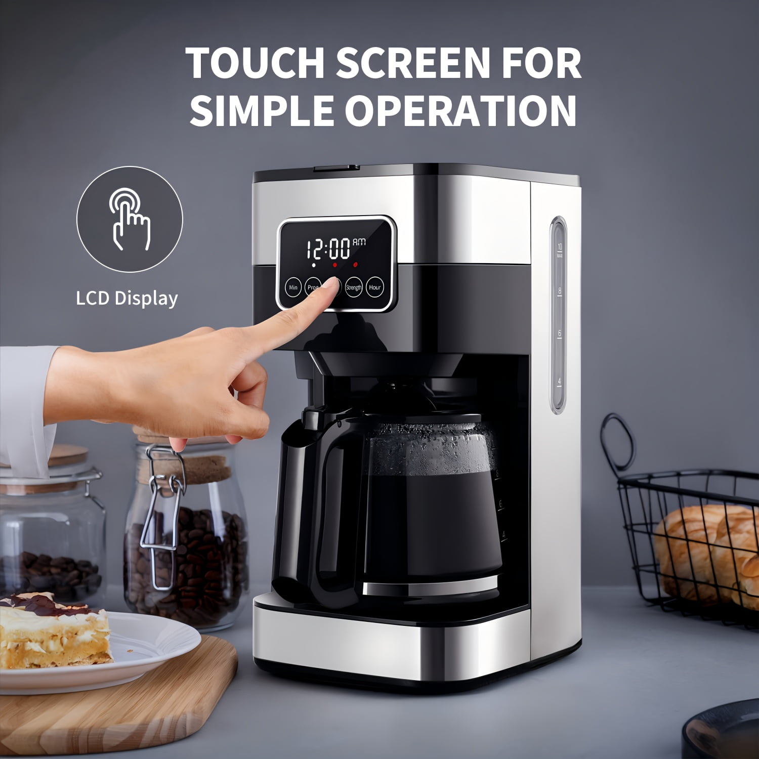 10-Cup Programmable Drip Coffee Machine Featuring a Touch-Screen, Pause & Serve Function, Made of Stainless Steel in Black Color