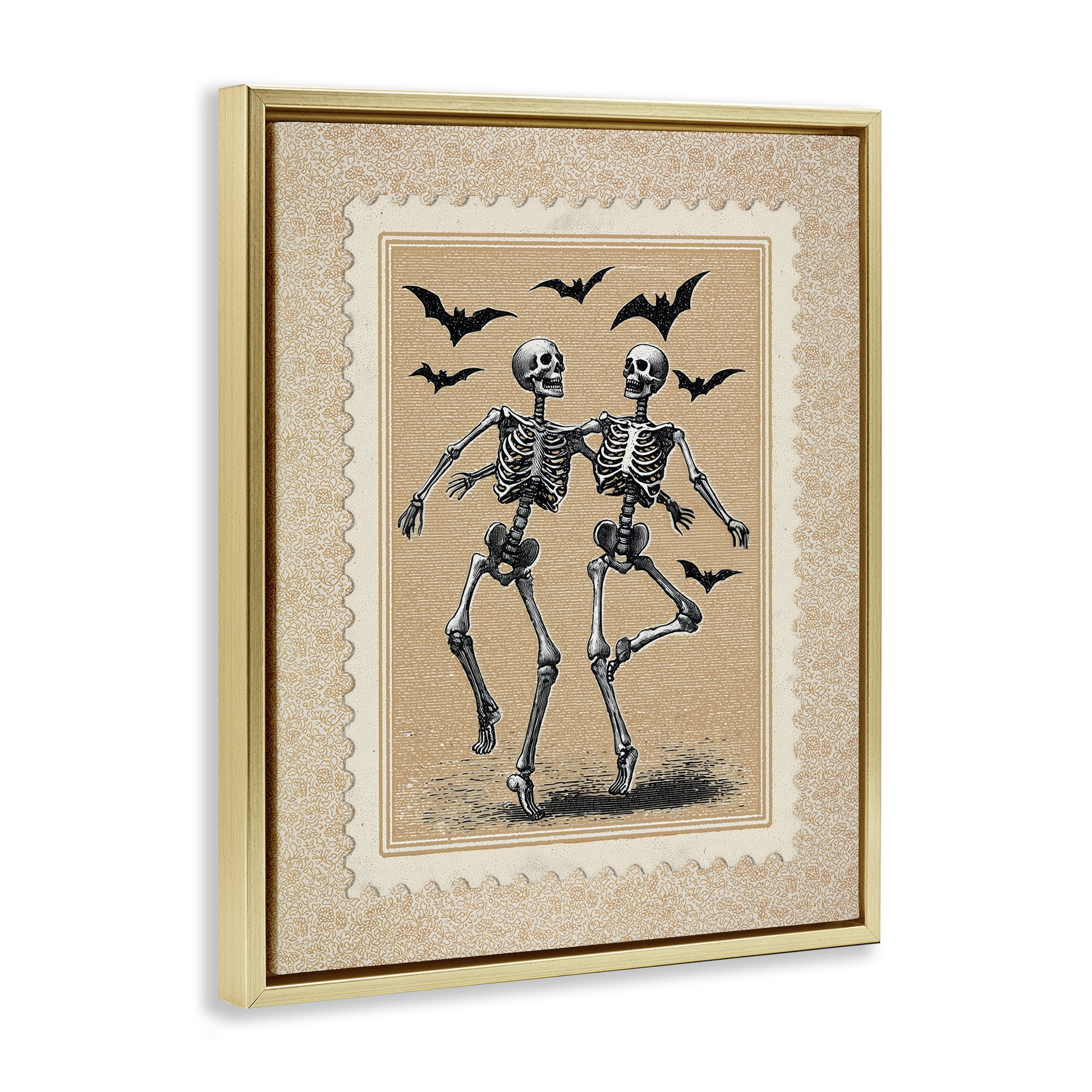 Vintage Dancing Skeletons Stamp Gold Framed Floater Canvas Wall Art, design by Arlington Prints