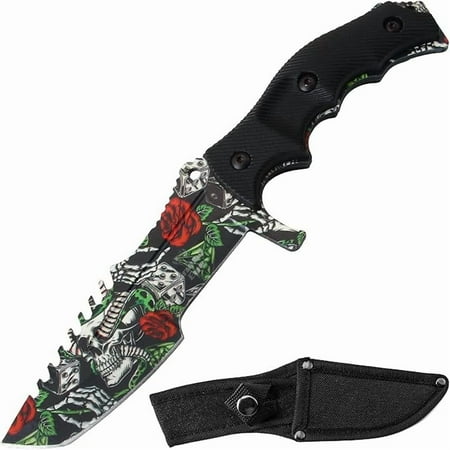 Snake Eye Tactical 8.5-inches Hunting Camping Hiking Fixed Blade Knife With Nylon Sheath (Skull)
