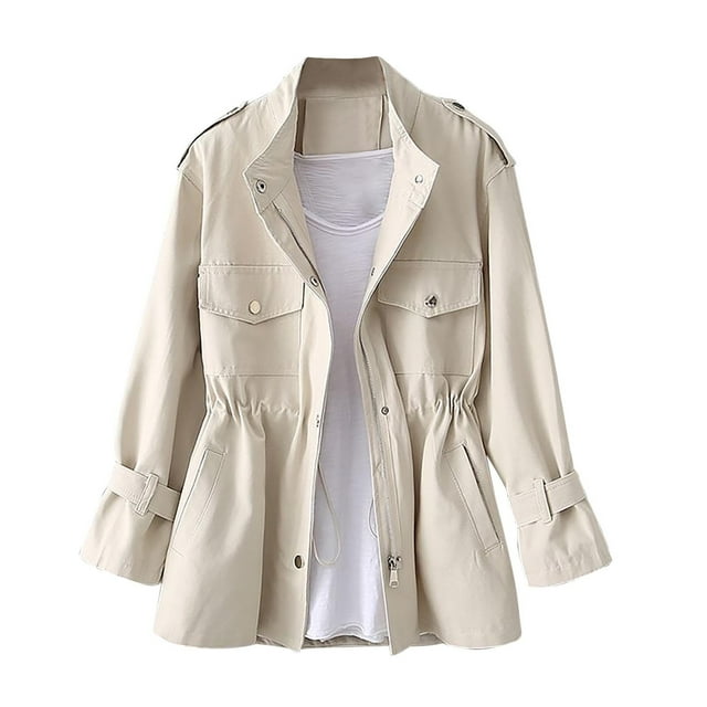 Womens Fall Clothes Solid Long Sleeve Zipper Pocket Waist Coat Fall Casual