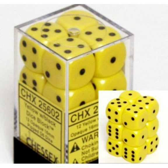 Chessex Dice d6 Sets: Opaque Yellow with Black - 16mm Six Sided Die (12) Block of Dice (2-Pack)