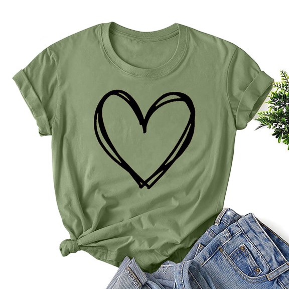 Ayolanni Casual Womens Summer Tops Crew Neck Short Sleeve Shirts Fashion Heart Print Plus Size Tees Women's Basic T-Shirts