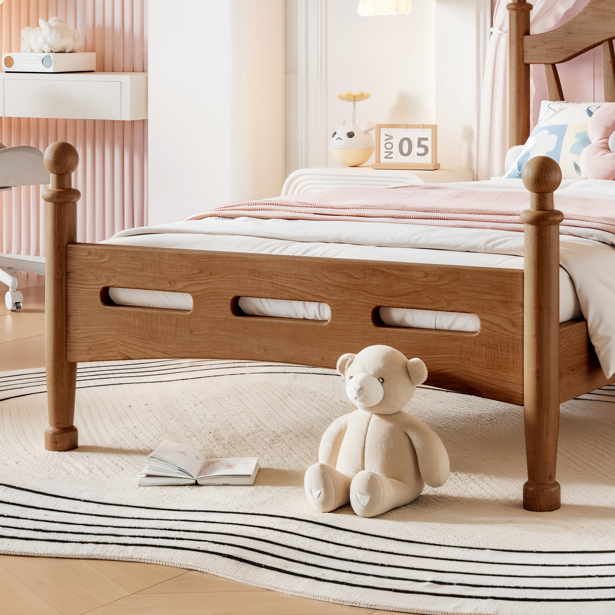Leumius Twin Size Platform Bed with Chic Headboard, Solid Wood Bed Frame with Slatted Support, Low to Ground Design for Bedroom Brown
