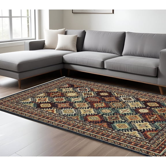 8' X 11' Navy Blue Red And Orange Oriental Area Rug With Fringe