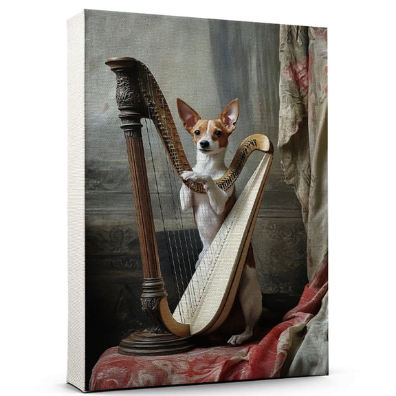 Toy Fox Terrier Vintage Dog Harp Canvas – Artistic Music, Toy Fox Terrier Dog with Harp Stretched Canvas Size 8x12 Wall Print for Bedroom, Living Room, Office