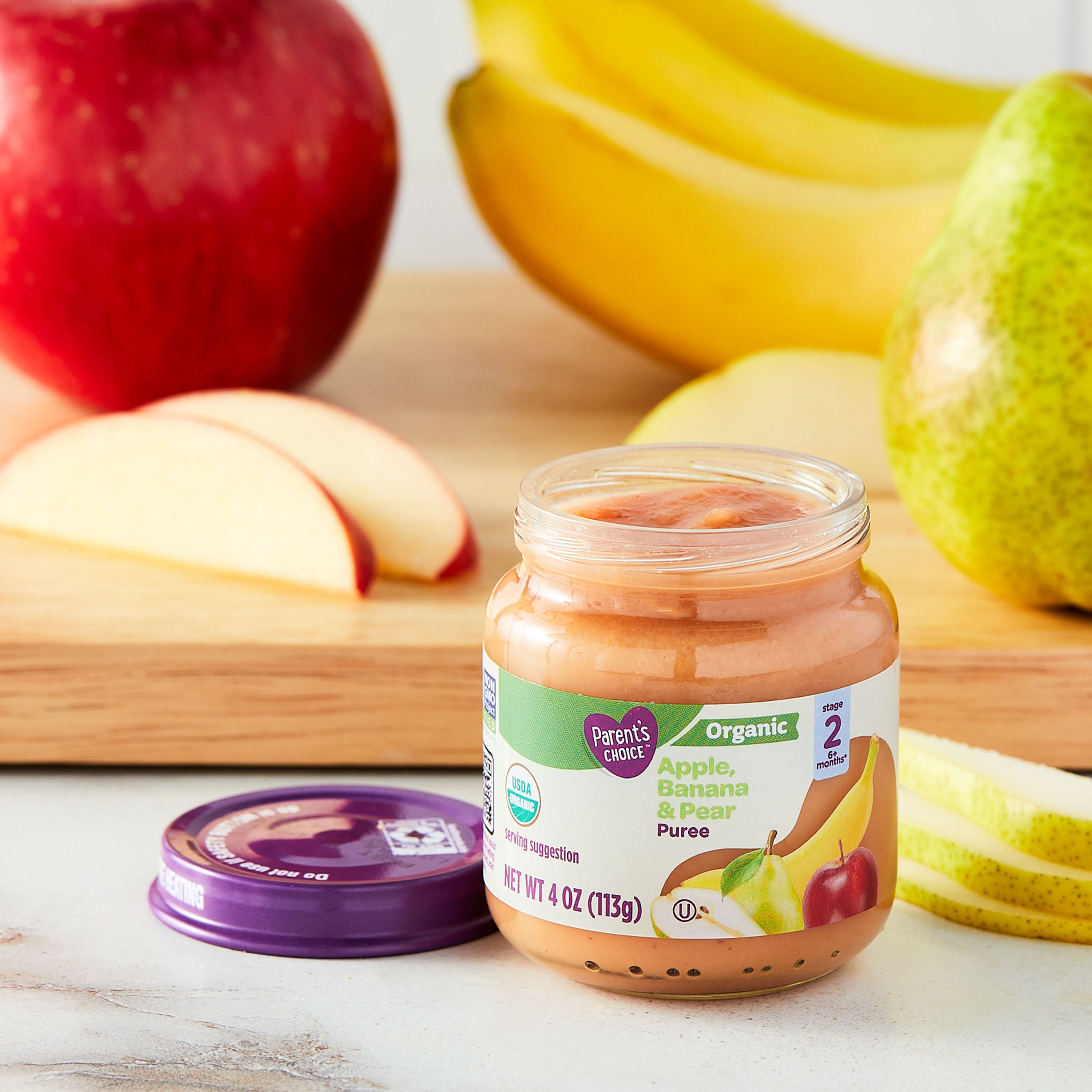 (3 pack) Parent's Choice Organic Stage 2 Baby Food Apple. Banana, and Pear Puree, 4 oz Jar