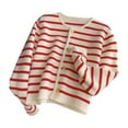 thumbnail image 3 of Bibifish Womens Cardigan Sweater Cream Red Stripe Gold Button Front Cardigan Patch Pocket Classic Pattern Daily Outings Knit Cardigan, 3 of 3