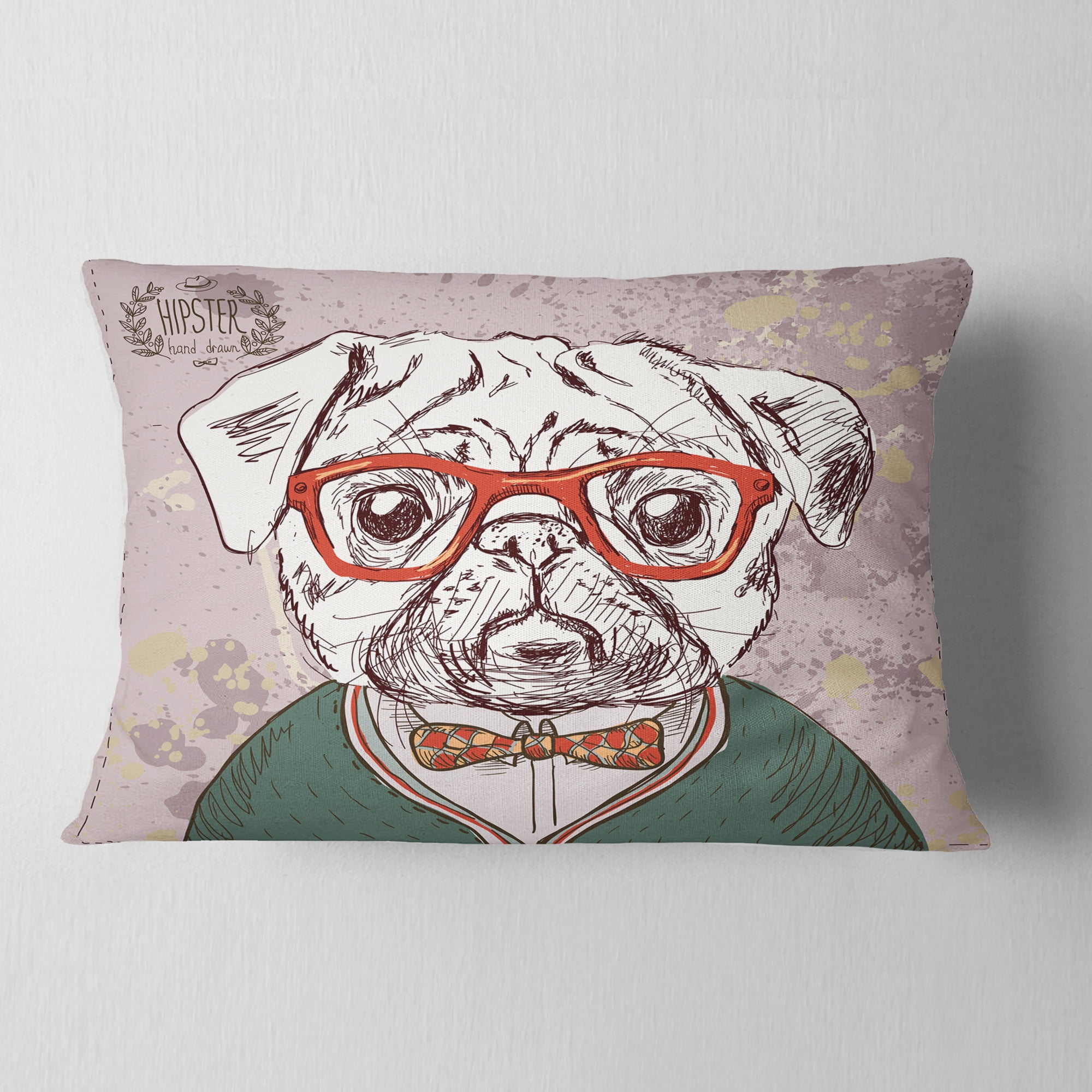 Designart Hipster Pug Dog in Vintage Style - Animal Throw Pillow - 12x20