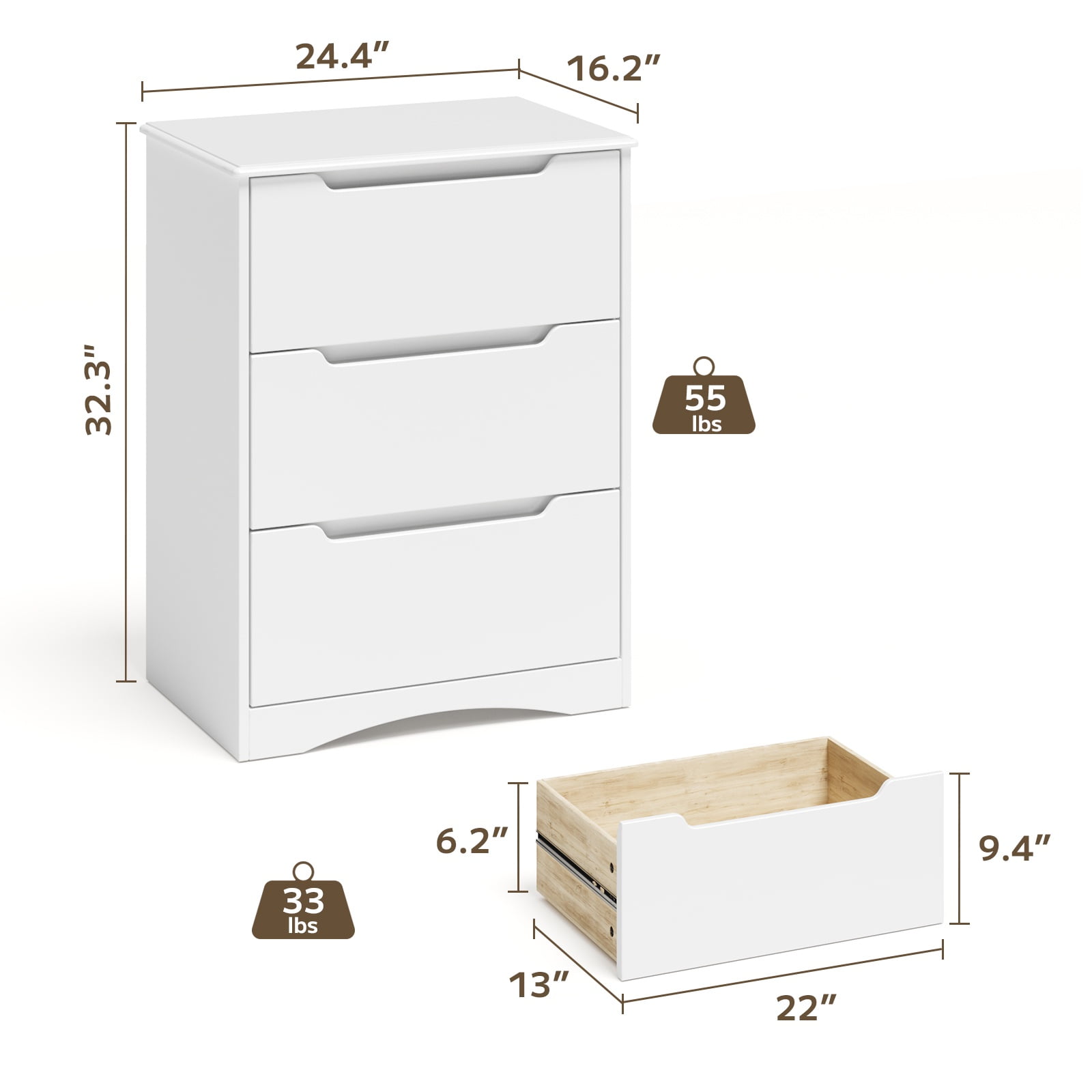 Asofer 3 Drawer Dresser, Chest of Drawers for Bedroom, Living Room, Nightstand