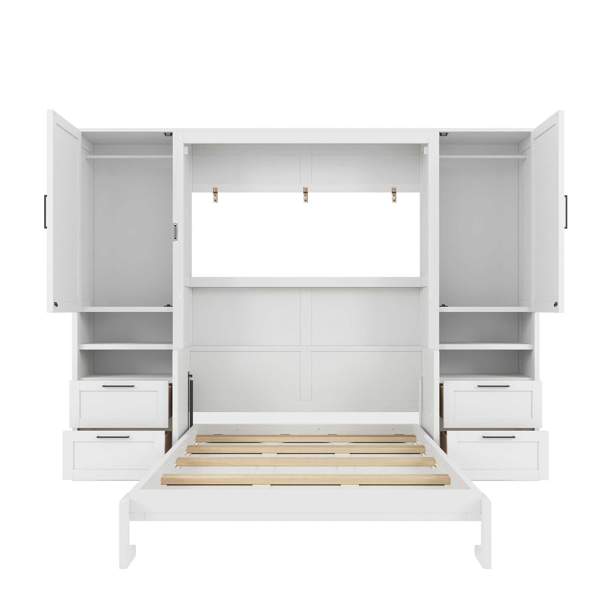 Full Size Murphy Bed with 2 Closet, 4 Drawers and Shelves for Space-Saving Guest Room