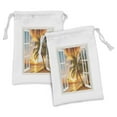 thumbnail image 1 of Beach Fabric Pouch Set of 2, Sea Ocean Palm Tree Sunset Scenery House Wooden Windows of Art Pictures, Small Drawstring Bag for Toiletries Masks and Favors, 9" x 6", Multicolor, by Ambesonne, 1 of 2