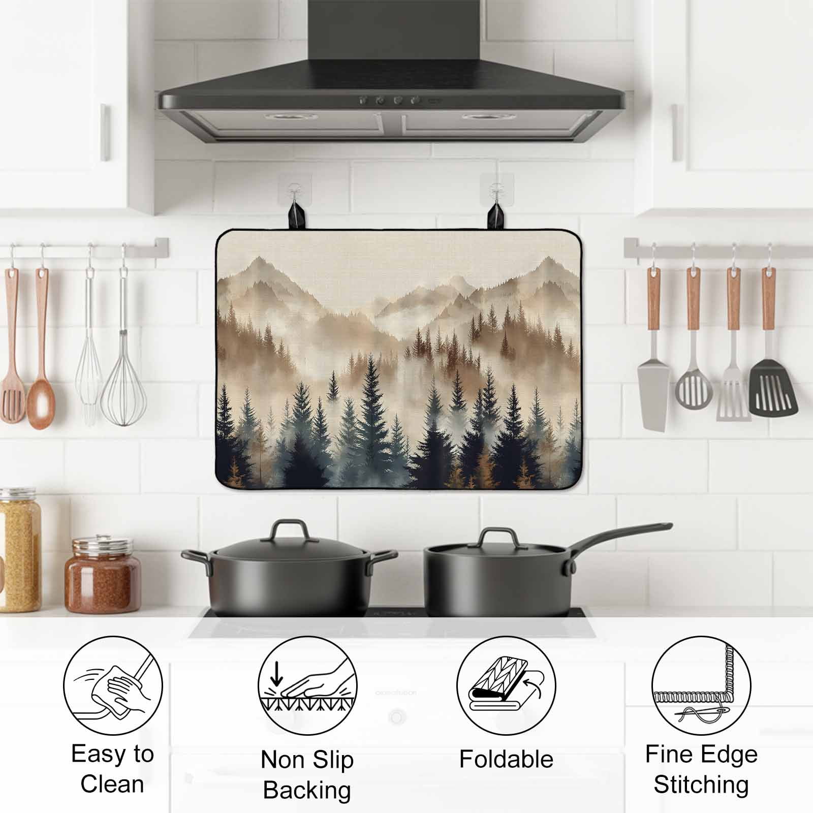 Tan Forest Stove Top Cover for Electric Stove, Heat-proof & Non Slip Glass Top Stove Cover Protector, Trees Woods Vintage Natural Watercolor Kitchen Flat Cooktop Rubber Mat 24x21 Inches