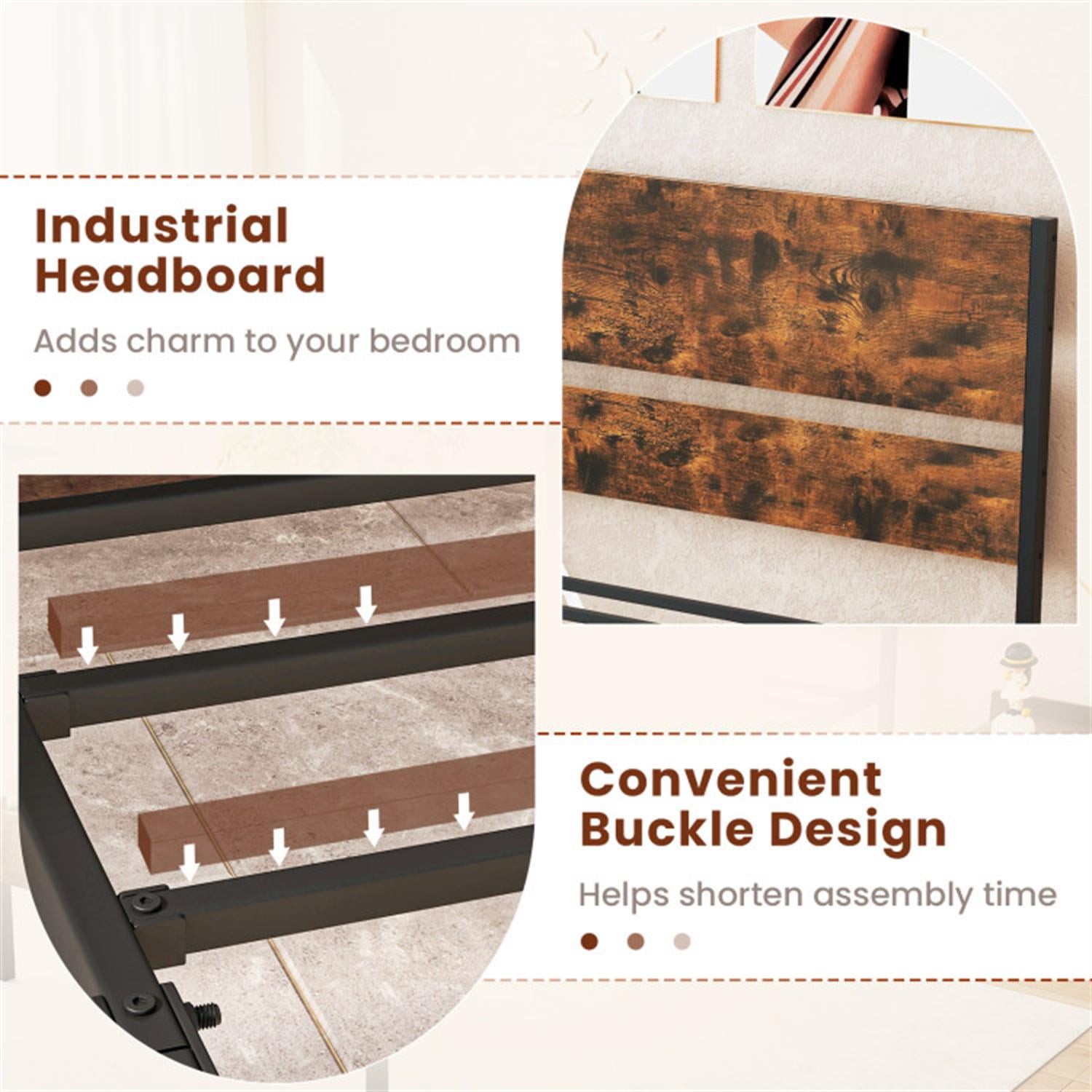 Demi Bonn Twin Size Bed Frame with Wooden Headboard and Footboard, Modern Metal Platform Bed Frame with Under Bed Storage, No Box Spring Needed, Brown