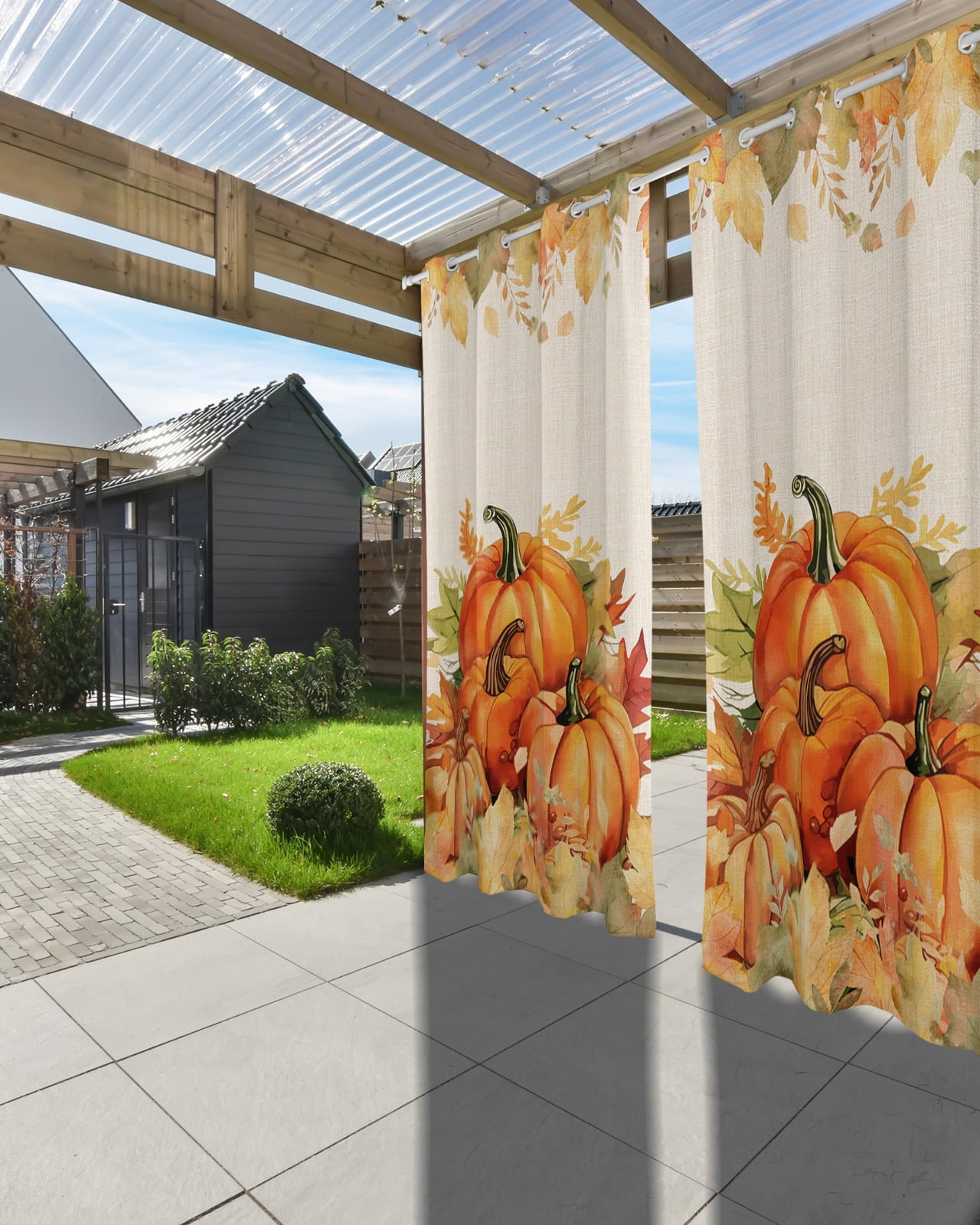 Outdoor Curtains for Patio, Fall Thanksgiving Waterproof Blackout Outside Curtain for Porch/Pergola/Gazebo, Rustic Orange Pumpkin Harvest Maple Leaf Thermal Insulated Drapes, 2 Panels, 54 x 84 Inch