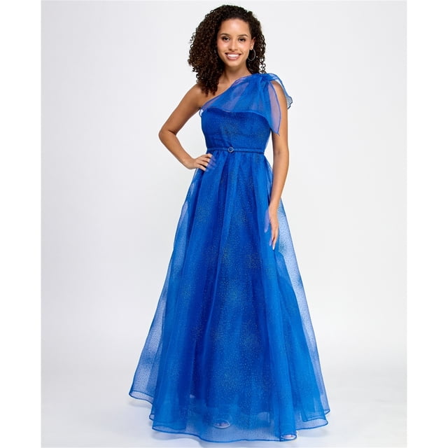 VIOLET WEEKEND Womens Glittered Evening One Shoulder Dress, azure, Juniors, 5/6