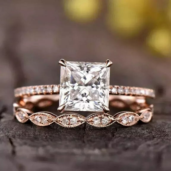 Forever Jewels 2Ct Princess Moissanite Womens Wedding Bridal Ring Set 14K Rose Gold Plated