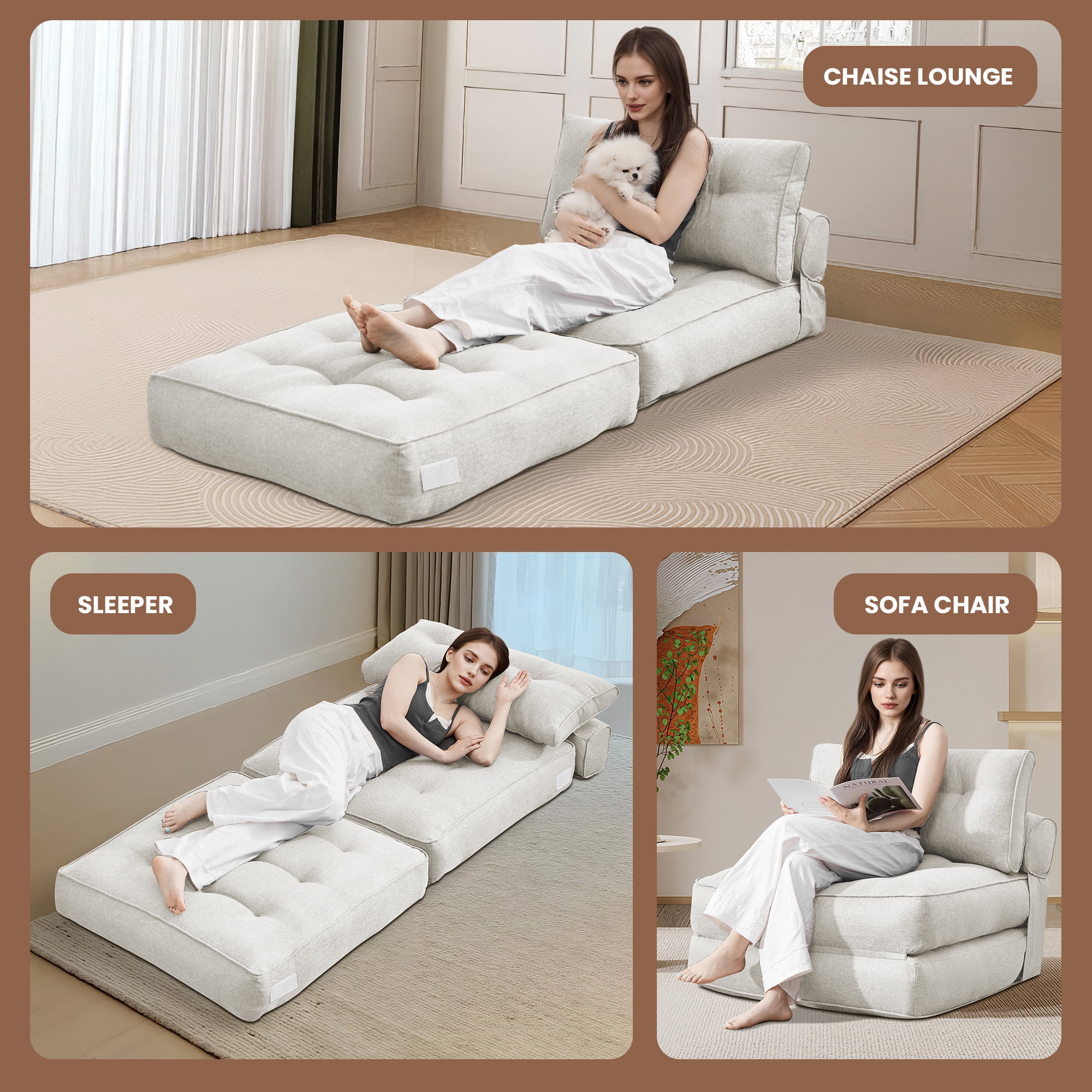 SERWALL Folding Sofa Chair, 4-in-1 Convertible Sofa Bed, Foldable Sofa Chair for Bedroom, Beige