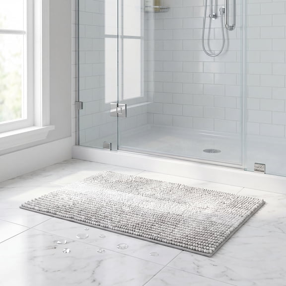 REGALWOVEN Quick Dry Absorbent Non Slip Chenille Bathroom Mat Cozy Shaggy Washable Home Decor for Shower and Tub Gray 16" x 24"