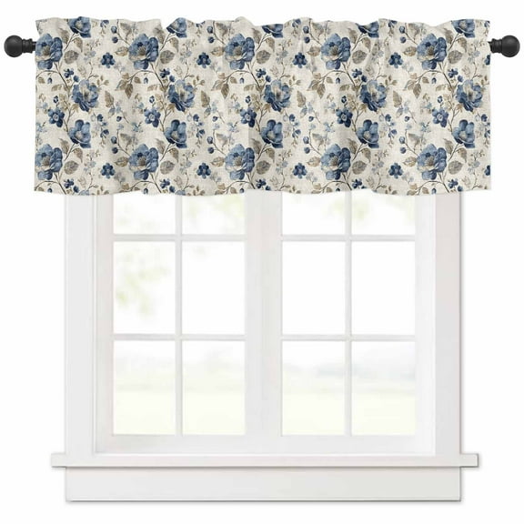 Hokiten Rod Pocket Curtain Valance, Blue Flowers Farmhouse Window Valance for Living Room, Bedroom, Kitchen Vintage Flowers Brown Leaves Watercolor 54"W x 18"L