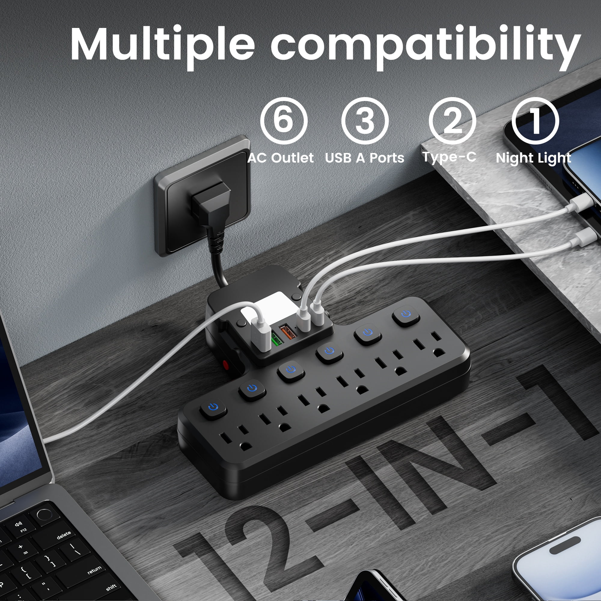 Multi-Functional Socket, USB Wall Charger, Surge Protector, 6-Outlet Power Strip with 5 USB Charging Ports (2 USB-C) And Night Light, Adapter for Home, Travel And Office Use
