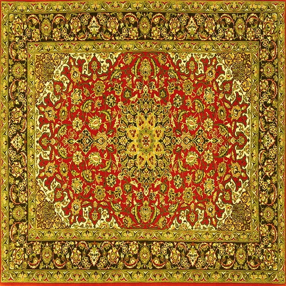 Ahgly Company Machine Washable Indoor Square Medallion Yellow Traditional Area Rugs, 3' Square