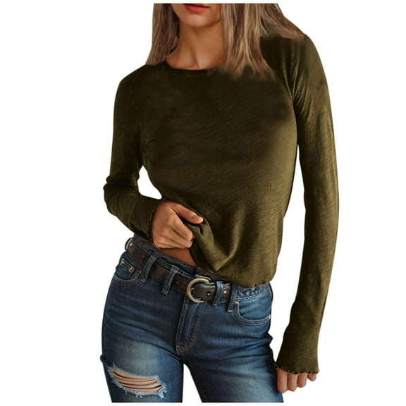 Oplxuo Basic Going Out Crop Tops for Women Fall Long Sleeve Slim Fit Crew Neck Casual Solid Color Streetwear T Shirts