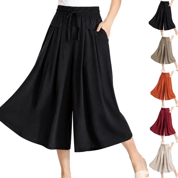 Flow Charm Pull-On Capri Culottes for Women High Waisted Wide Leg Pants, Drawstring Elastic Waist Culottes with Pockets Lightweight Casual Palazzo Trousers Black XXL