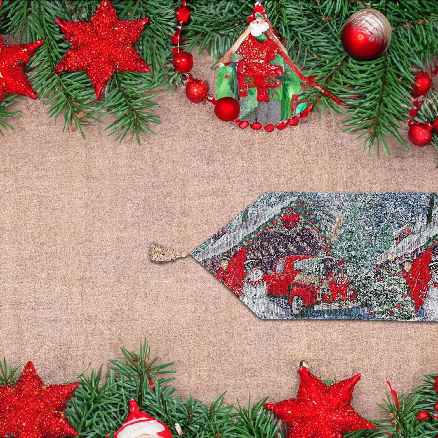 Christmas Tapestry Table Runner Red Car With Gifts 54"