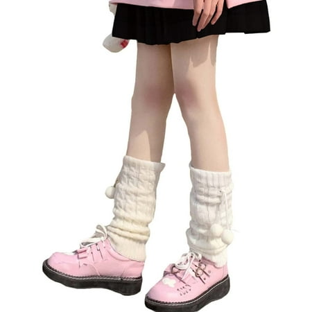 

Women Girls Japanese Style Kawaii Crochet Wool Ball Loose Knitted Leg Warmers Knee High Boot Stockings
