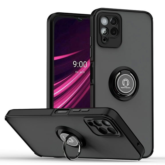 For T-Mobile Revvl 6 Pro 5G Hybrid Frosted Matte Hard Back PC   TPU Frame with Magnetic Ring Holder Stand Kickstand Phone Case Cover by Xpression - Black