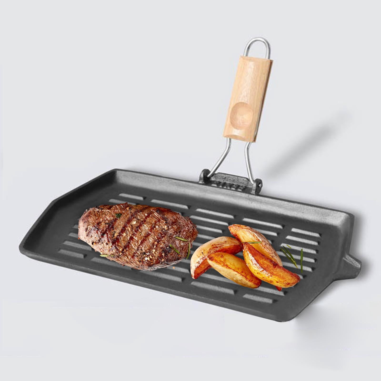 Fiocias Grill Pan for Electric Stovetop, Induction, Gas Cast Iron with Pour Spouts Steak Style A