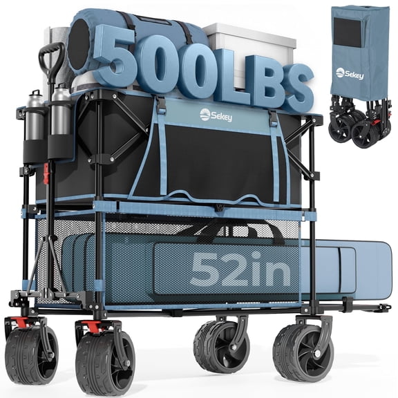 400L Large Capacity Folding Double Decker Wagon with Brakes, 50" Extra Long Extender Cart, 500lbs Heavy Duty Collapsible Wagons, All-Terrain Big Wheels for Camping, Sports, Shopping. Blue