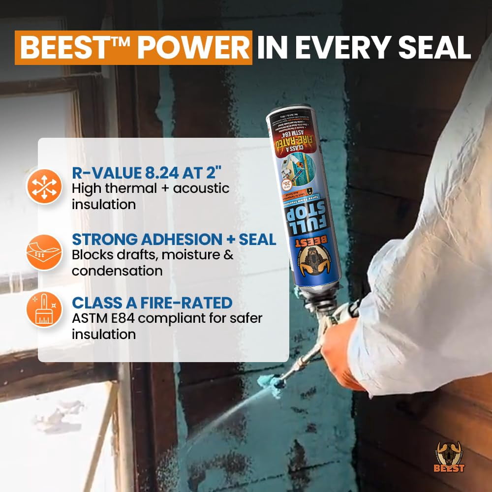 BEEST FullStop Spray Foam Insulation Kit - 240 Board ft/sq.ft. Fire Rated Spray Insulation Foam for Walls & Attics with Thermal & Soundproofing - Includes 12x Cans, 1 Cleaner, Pro X Gun, Safety Gear