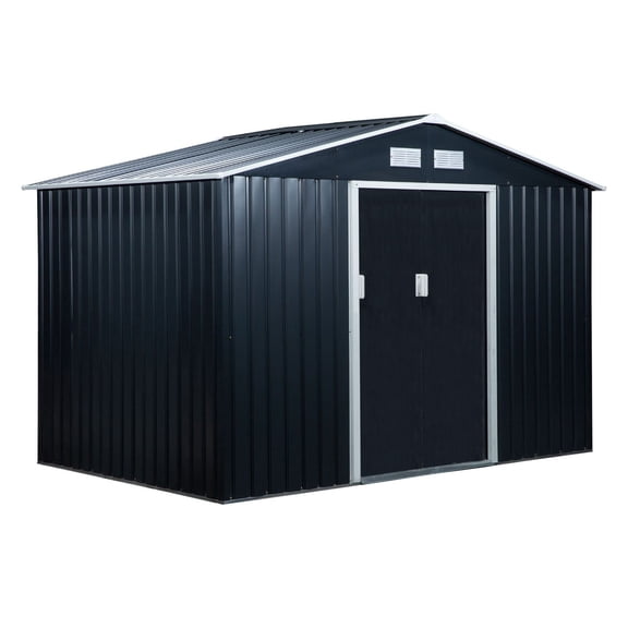 Metal Storage Shed 9x6 ft - Dark Gray Garden Shed, Outdoor Tool Storage, 2 Sliding Doors, 4 Vents, Backyard Patio Lawn