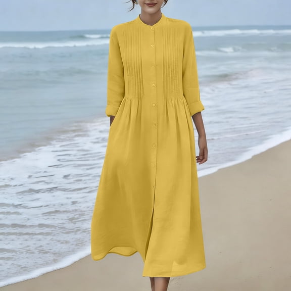 Gamivast Long Dresses for Women Long Sleeve Shirt Dress Mock Neck Button Down Dress Pleated Front Solid Color Loose Fit Casual Maxi Gown
