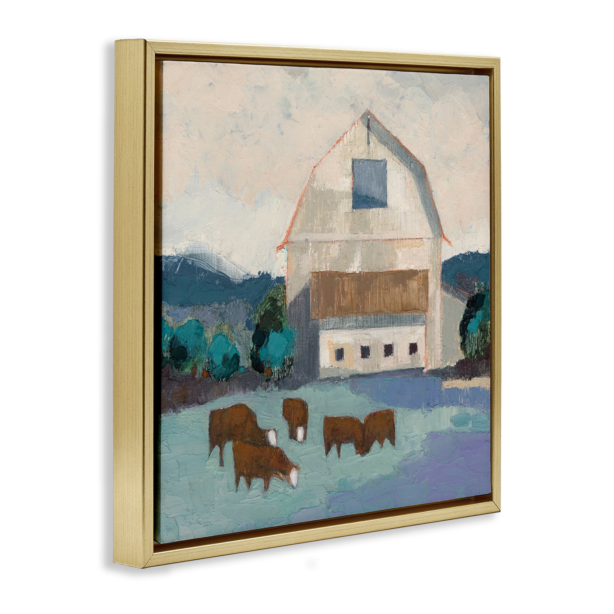 Stupell Industries Barnyard Grazing Cattle Landscape Painting Gold Floater Framed Canvas Art Print Wall Art, 18 x 18