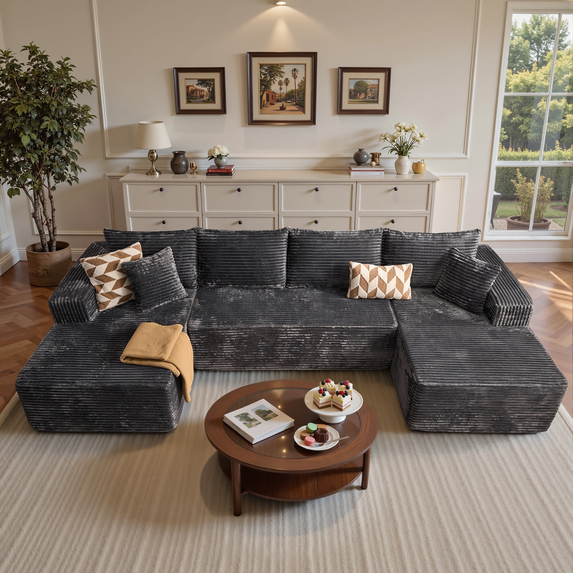 Ovios 134" Oversized U-Shaped Modular Sectional Sofa No Assembly Cloud Couch with Dual Chaise Plush Corduroy Boneless Sofa for Living Room, Gray