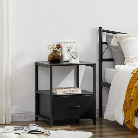 VECELO Modern Nightstand with Drawer, Bedside End Table with Open Shelf, Small Space, for Bedroom/Living Room/Office, Black