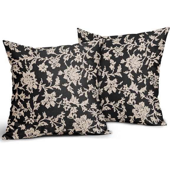 Black Floral Pillow Covers 18x18 Set of 2 Brown Cream Vintage Flower Block Print Pattern Decorative Throw Pillowcases Outdoor Rustic Farmhouse Square Cushion Cases Decor for Home Couch Sofa Bed