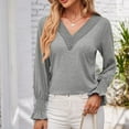 thumbnail image 2 of ATOYSOY V Neck Pullovers Loose Lace Crochet Shirts for Women Casual Elegant Cotton Linen Outwear Fall Patchwork Tops Ruffle Long Sleeve Business Tees Trendy Clearance Gray L, 2 of 8