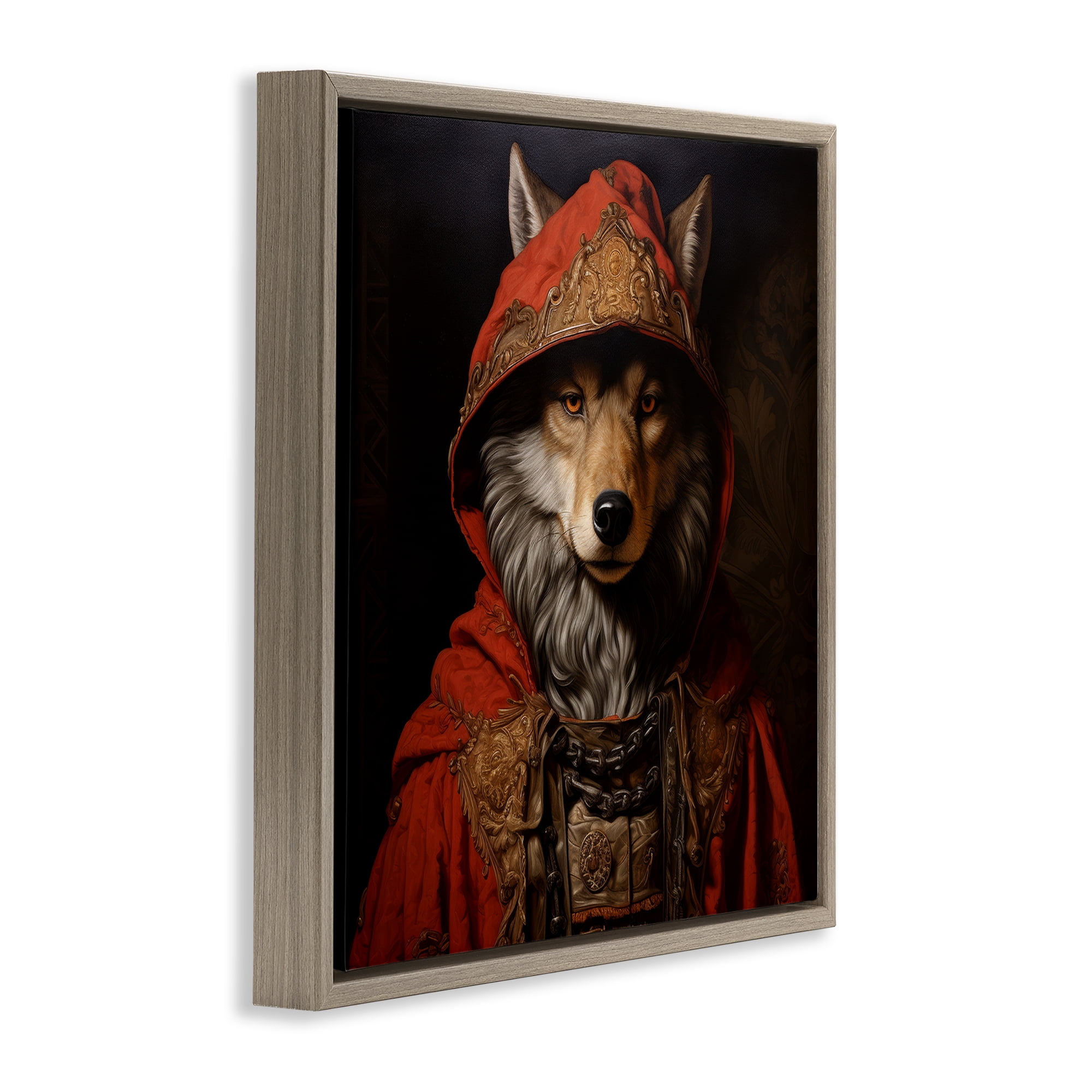 Stupell Industries Wolf with Red Cloak Animals & Insects Painting Brown Floater Framed Canvas Art Print Wall Art, 25 x 25