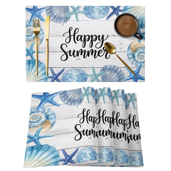 Coastal Starfish Placemats Set of 6 Summer Ocean Sea Shells Conch Wood Gray Place Mats Indoor Wipeable Table Mats Washable Cloth Dining Table Placemats for Kitchen Holiday Party Home Decor 13x19 Inch