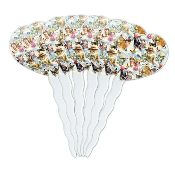 Framed Cats Kittens in Hats Butterflies Pattern Heart Love Cupcake Picks Toppers Decoration Set of 6