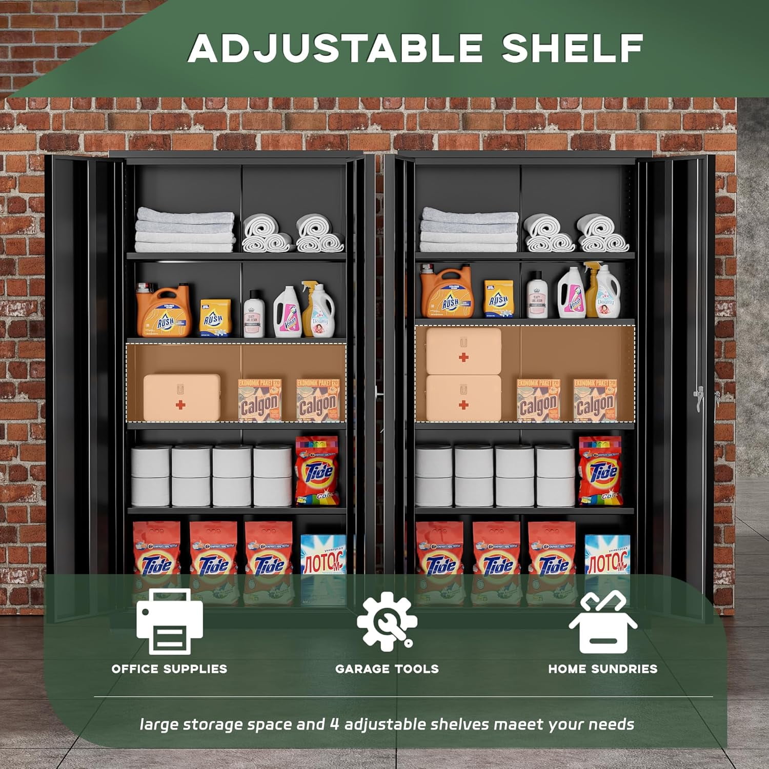 72 In Metal Storage Cabinets with Locking Doors and Adjustable Shelves, Steel Storage Cabinet for Garage, Home Office(Black)