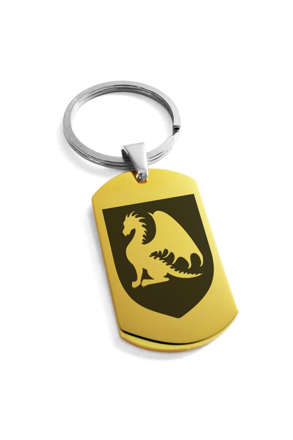 Stainless Steel Dragon Guardian Coat of Arms Shield Engraved Dog Tag Keychain Keyring