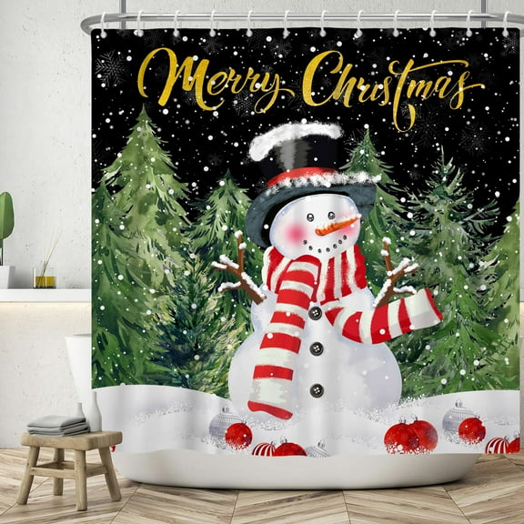 SUNOLIFE Merry Christmas Snowman Shower Curtain Winter Snow Waterproof Fabric Bathroom Curtain 72x72 in